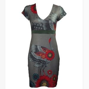 Beautiful dress olive green with red design birds and flowers size L